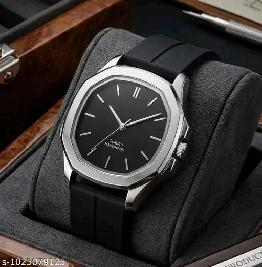 HC HARMI CREATIVE Analogue Wrist Causal Silver Square Black Dial Black Slicon Strap Watch For Men Boys