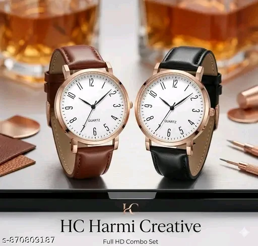 HC HARMI CREATIVE HC HARMICREATIVE Combo OF Rose White & White Dial Black Leather Men Boys pack Of 2