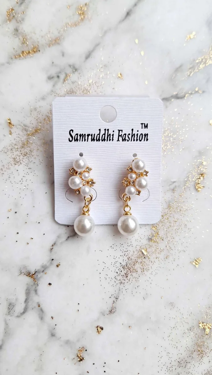 Elegant White Pearl Drop Earrings for Women & Girls - Gold Plated Stud with Hanging Pearl 3