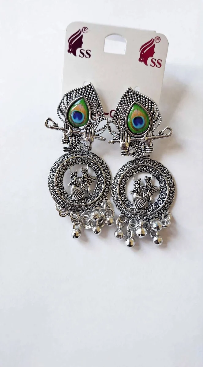 Oxidized Silver Radha-Krishna Peacock Feather Jhumka Earrings with Ghungroo - Krishna Flute Design 3