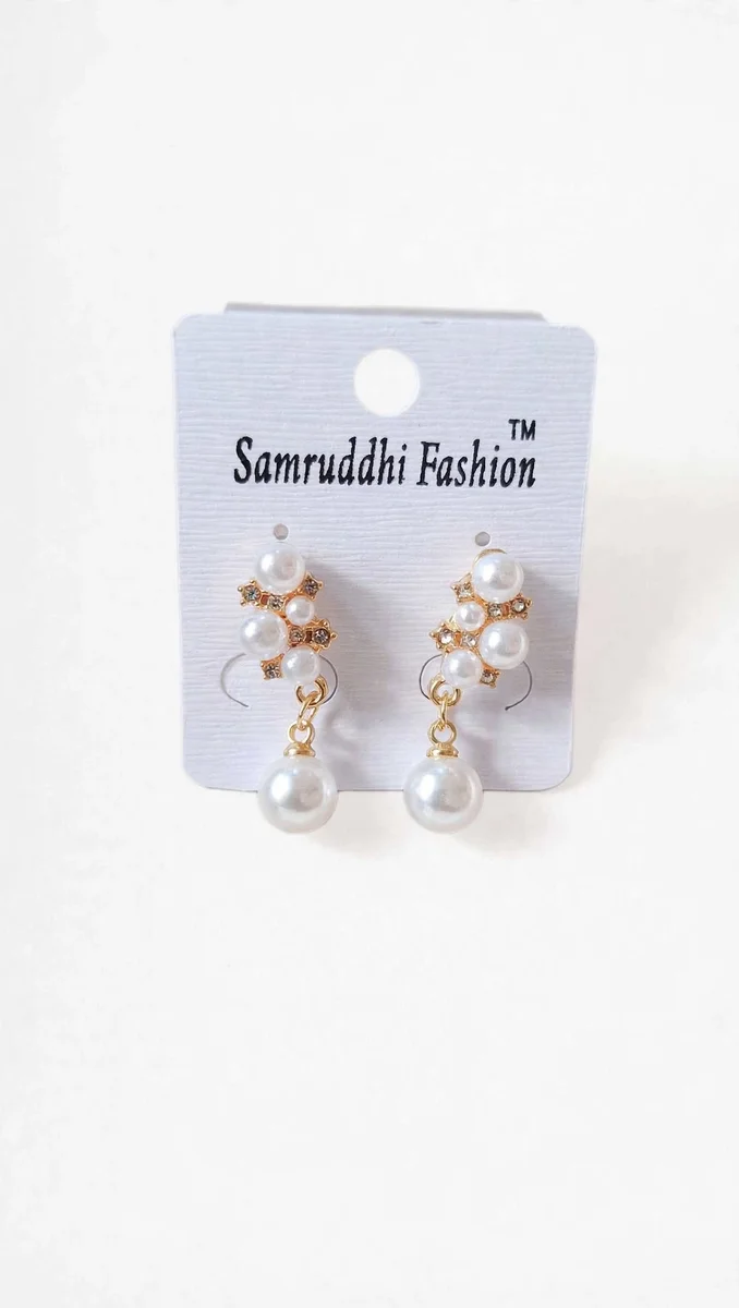 Elegant White Pearl Drop Earrings for Women & Girls - Gold Plated Stud with Hanging Pearl 5