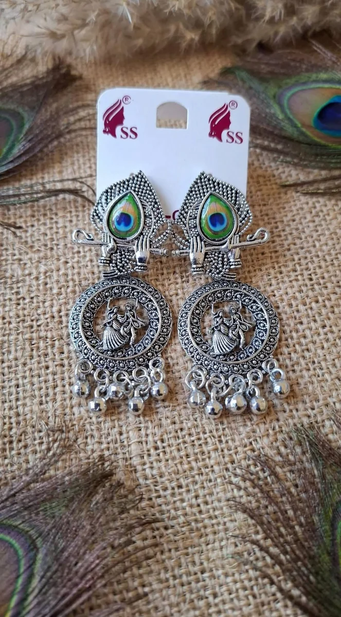 Oxidized Silver Radha-Krishna Peacock Feather Jhumka Earrings with Ghungroo - Krishna Flute Design 4