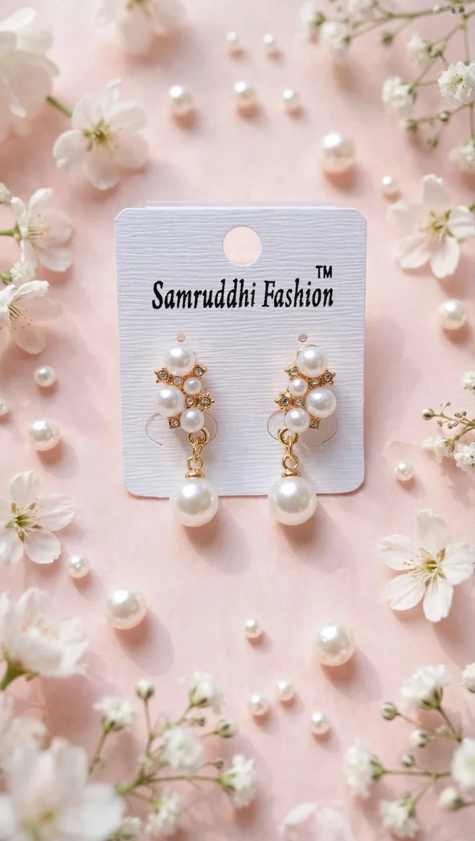 Elegant White Pearl Drop Earrings for Women & Girls - Gold Plated Stud with Hanging Pearl 2
