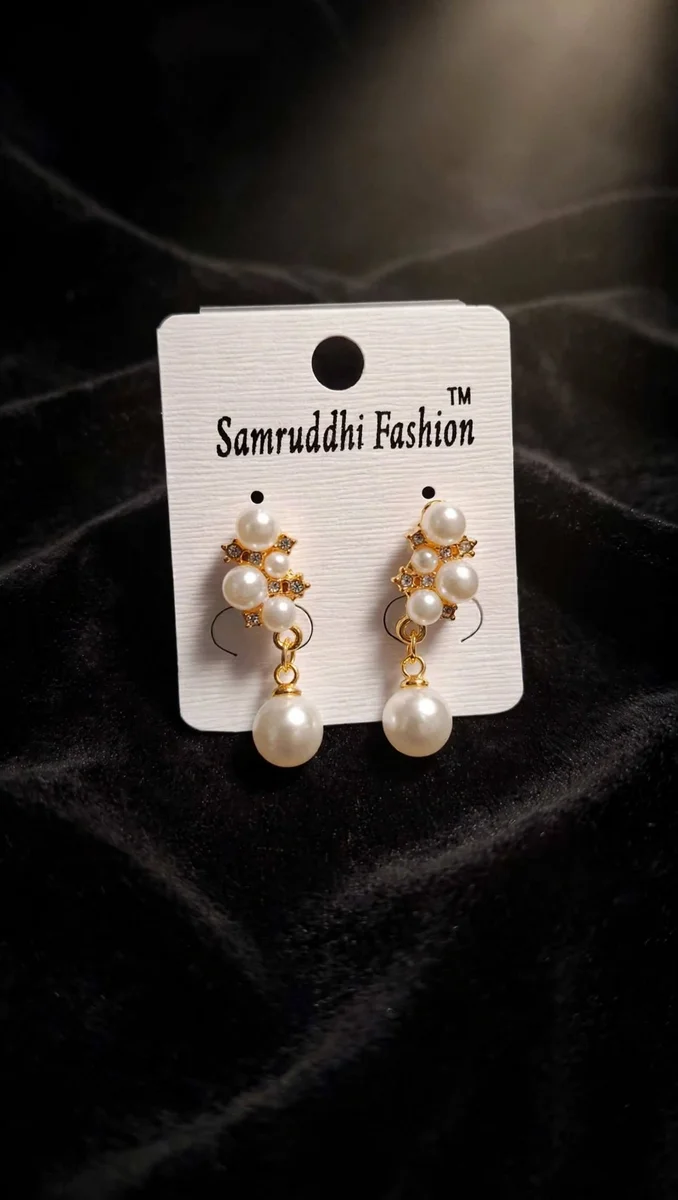 Elegant White Pearl Drop Earrings for Women & Girls - Gold Plated Stud with Hanging Pearl 4