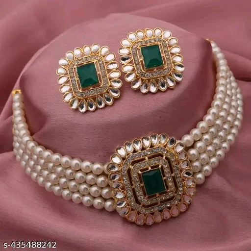 BRASS GOLD-PLATED WHITE & CRYSTAL NECKLACE CHOKER SET