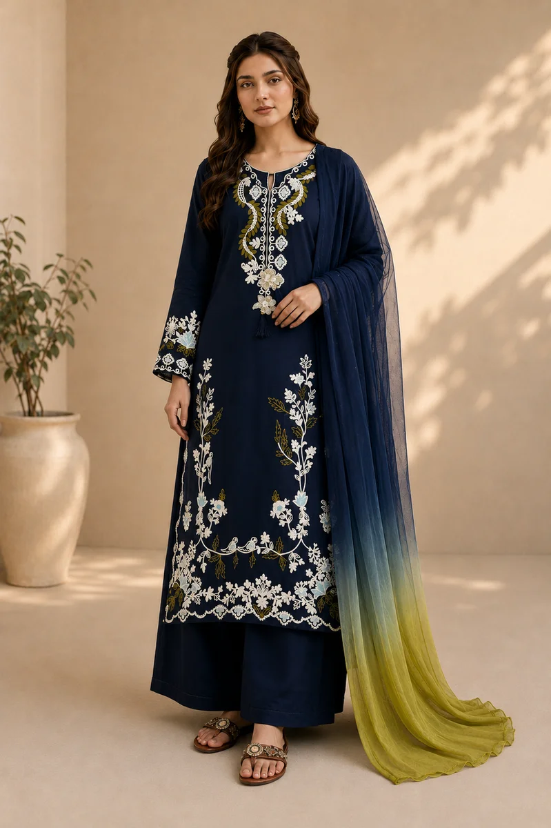 Sabza Navy-Olive Ombre Palazzo Set