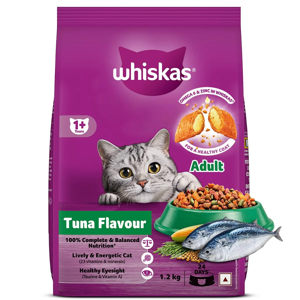 Whiskas Adult (1+ Years) Dry Cat Food, Tuna Flavour, 1.2 kg, Contains 41 Essential Nutrients, Complete & Balanced Nutrition for Adult Cats