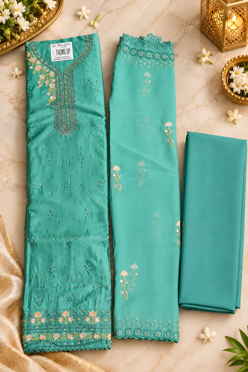 Pista Green Embroidered Dress Material with Floral Border