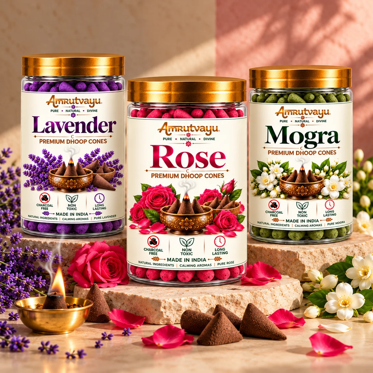 Premium Lavender, Mogra Rose Dhoop Cones | Each 30 Cone