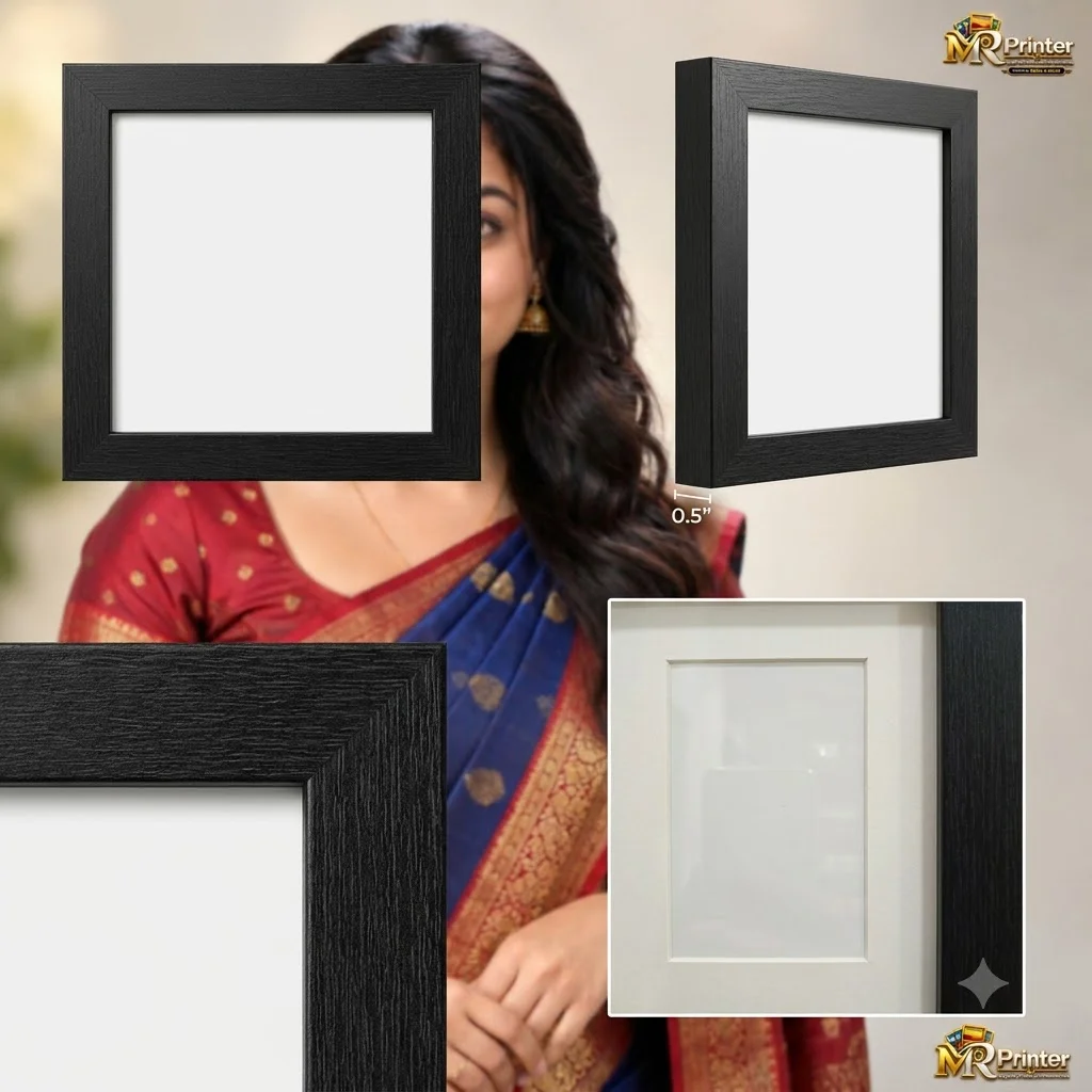 Model holding multiple photo frames and explaining four ordering steps: Click to Buy, Attach Your Photo, Fill in Your Address and Make Payment.