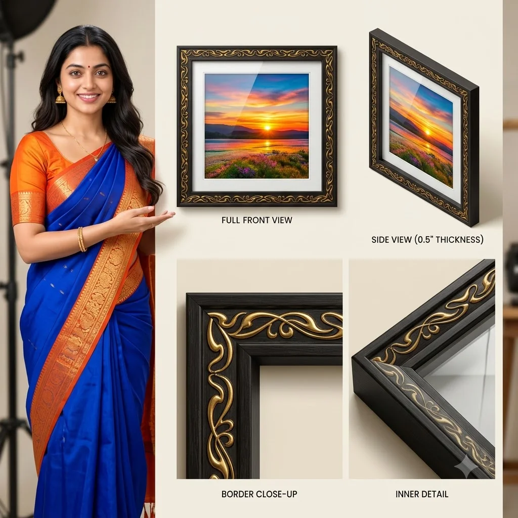 A realistic multi-angle showcase of the actual 6×6 inch photo frame, including front, side, border and inner photo-area views that reveal its design and finish.