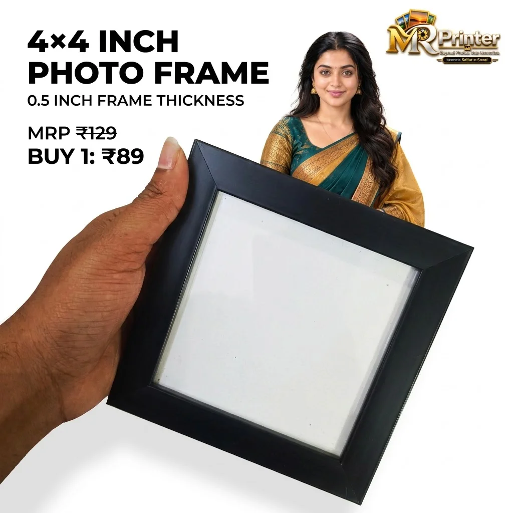 Realistic multi-angle showcase of the 4×4 inch personalised photo frame, highlighting the front view, side profile, frame border, inner photo area and product f