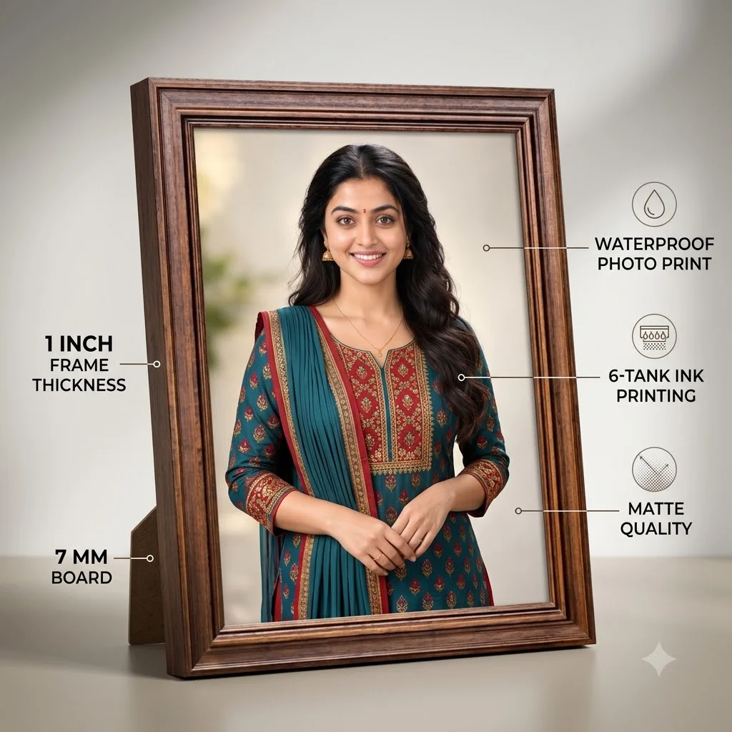 A personalised 8×12 inch photo frame featuring the reference model's portrait in a different modest chudi outfit, presented inside the frame only.