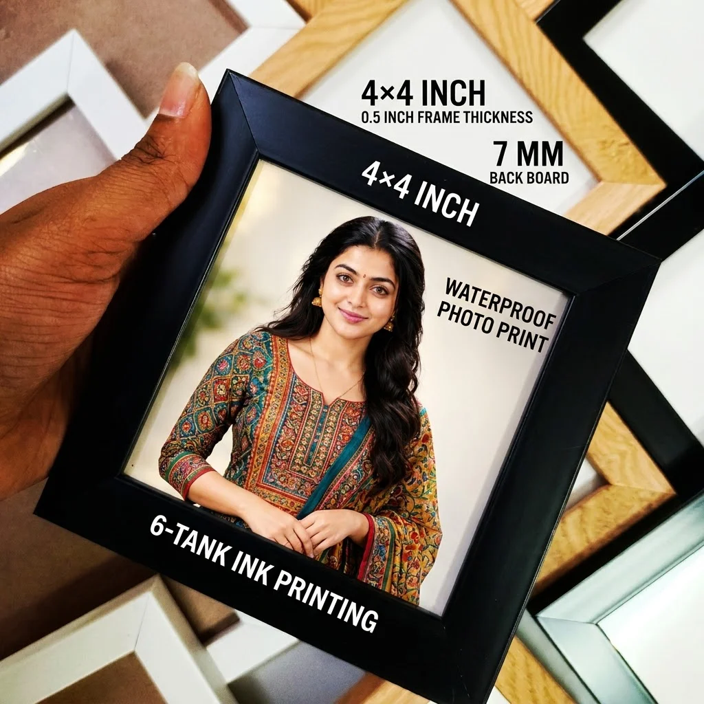 4×4 inch Studio Quality photo frame featuring a realistic sample portrait, with 0.5 inch frame thickness, 7 MM back board, waterproof photo print and 6-tank ink