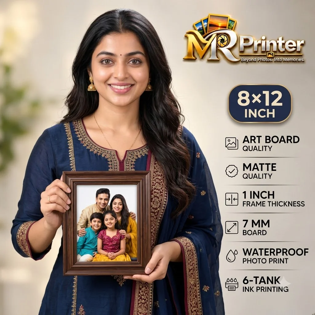 Realistic front view, side view, border close-up and inner-photo detail of the same 8×12 inch Art Board Quality Matte Photo Frame.