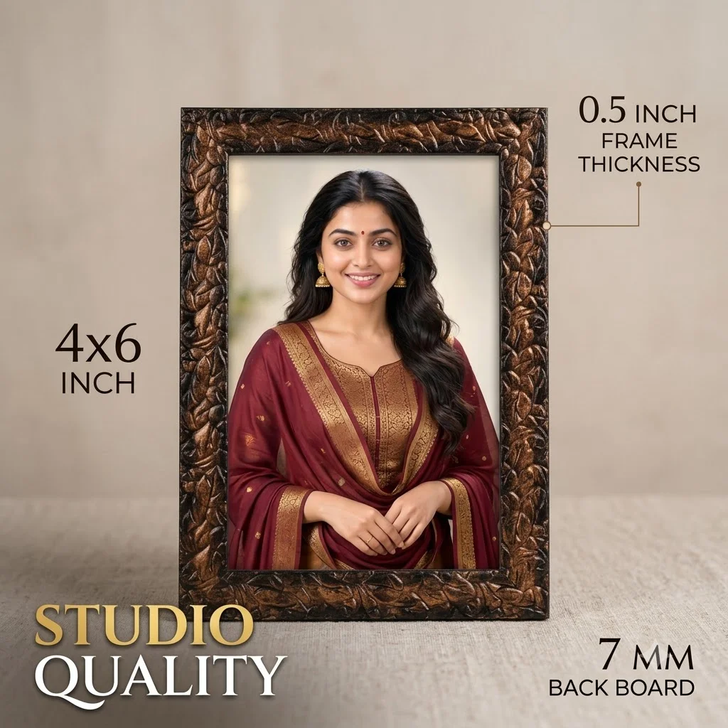 The 4×6 inch Studio Quality photo frame featuring a realistic AI-generated portrait of the same model wearing a modest chudi outfit. Displays the confirmed 0.5-