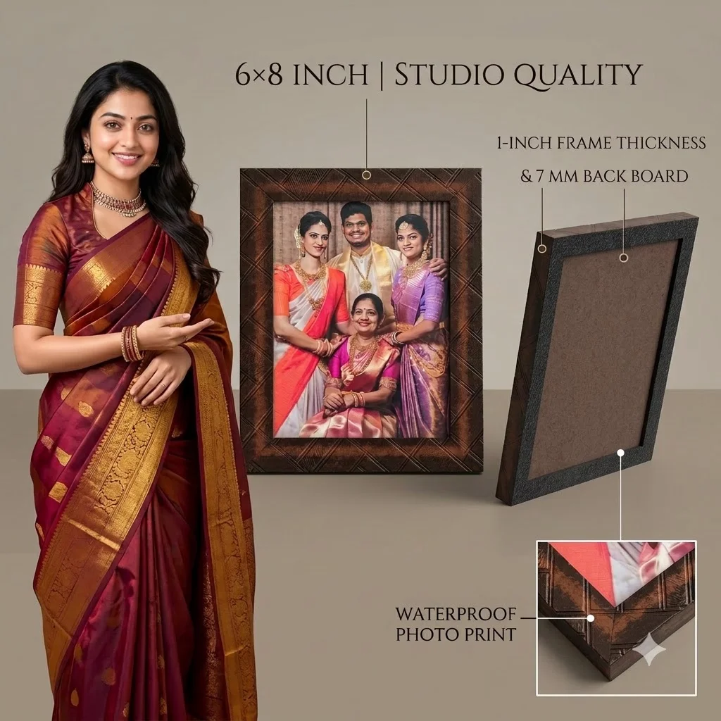Realistic multi-angle showcase of the 6×8 inch Studio Quality photo frame, featuring front and side views, border details, inner photo area and the actual 1-inc