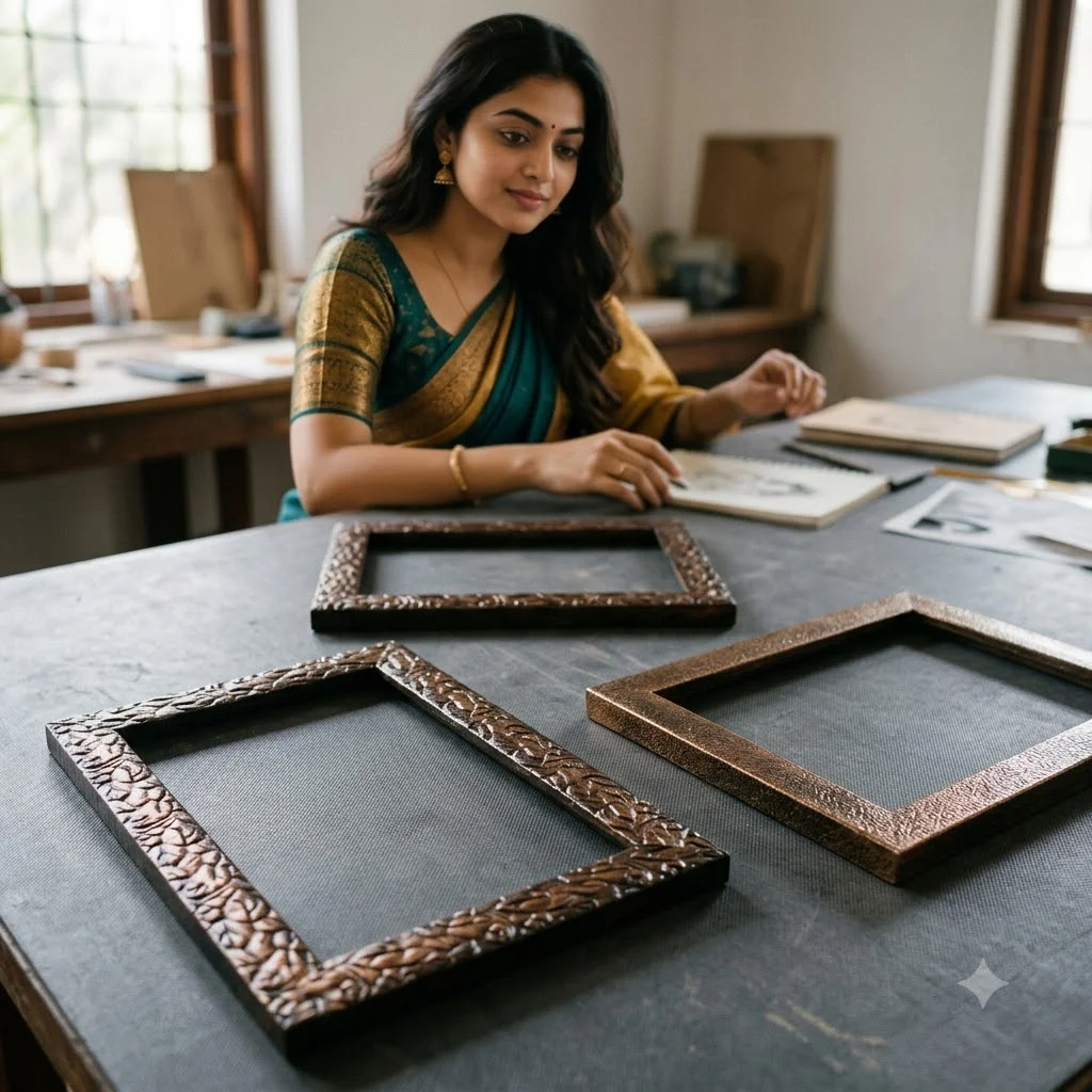 A realistic multi-angle showcase of the actual 4×6 inch Studio Quality photo frame, featuring front, side, border and inner photo-area views with accurate propo