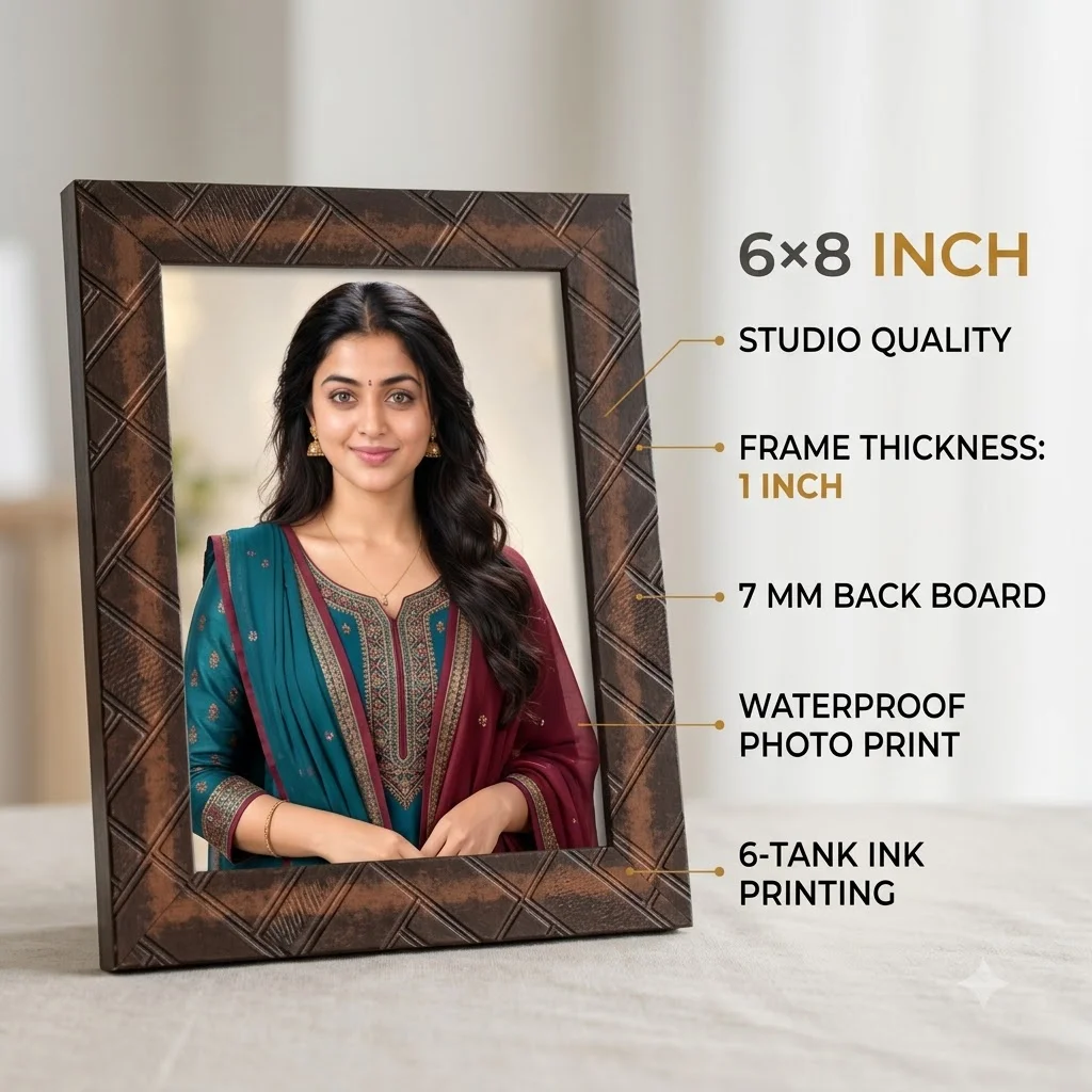 A realistic framed portrait of the same model wearing a modest chudi outfit, displayed inside the 6×8 inch Studio Quality photo frame with applicable product sp