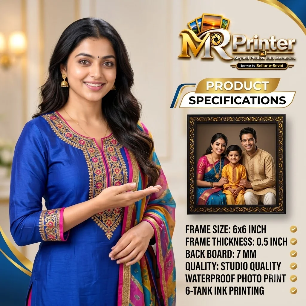 A realistic portrait of the reference model in a modest chudi outfit displayed inside the 6×6 inch Studio Quality photo frame, with applicable product specifica