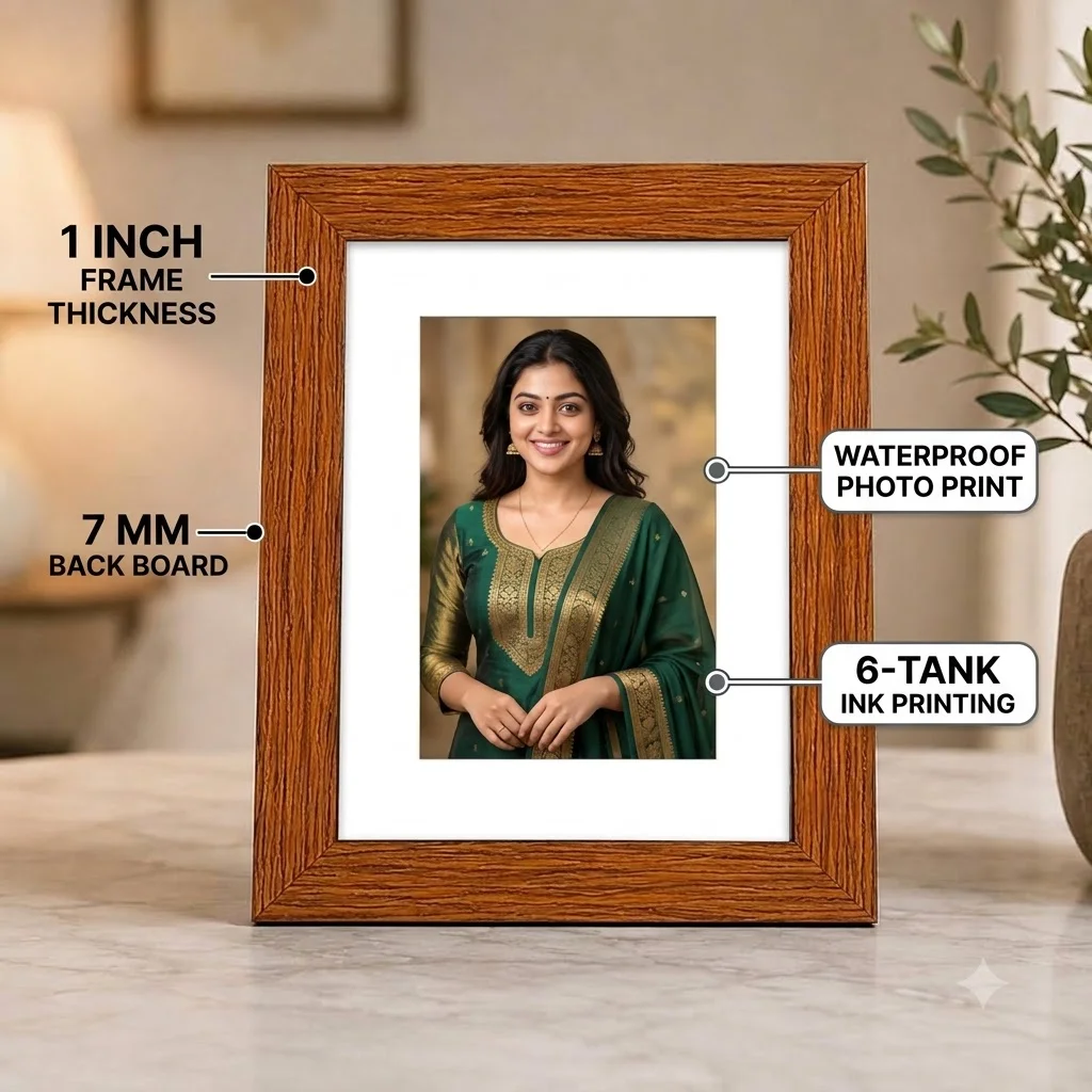 Realistic portrait of the referenced model wearing a modest chudi outfit inside the actual 10×8 inch photo frame. Shows the 1-inch frame thickness, 7 mm back bo