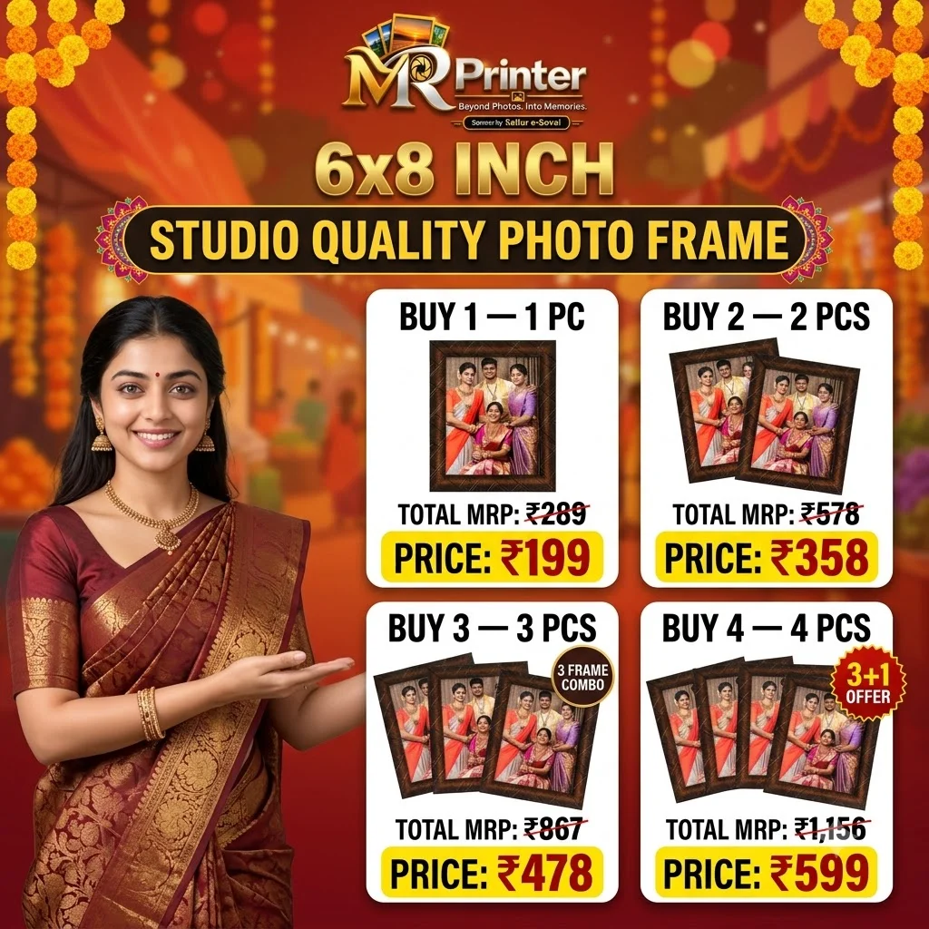 Four quantity options for the 6×8 inch Studio Quality photo frame: Buy 1 for ₹199, Buy 2 for ₹358, Buy 3 for ₹478 and Buy 4 for ₹599, with the correct total MRP