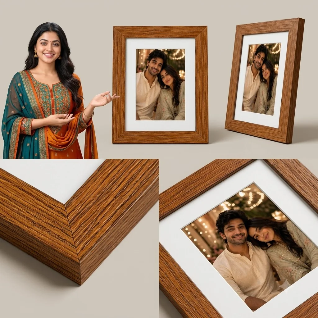 The referenced model in a colourful, modest outfit naturally holding multiple photo frames. Includes the four English ordering steps: Click to Buy, Attach Your