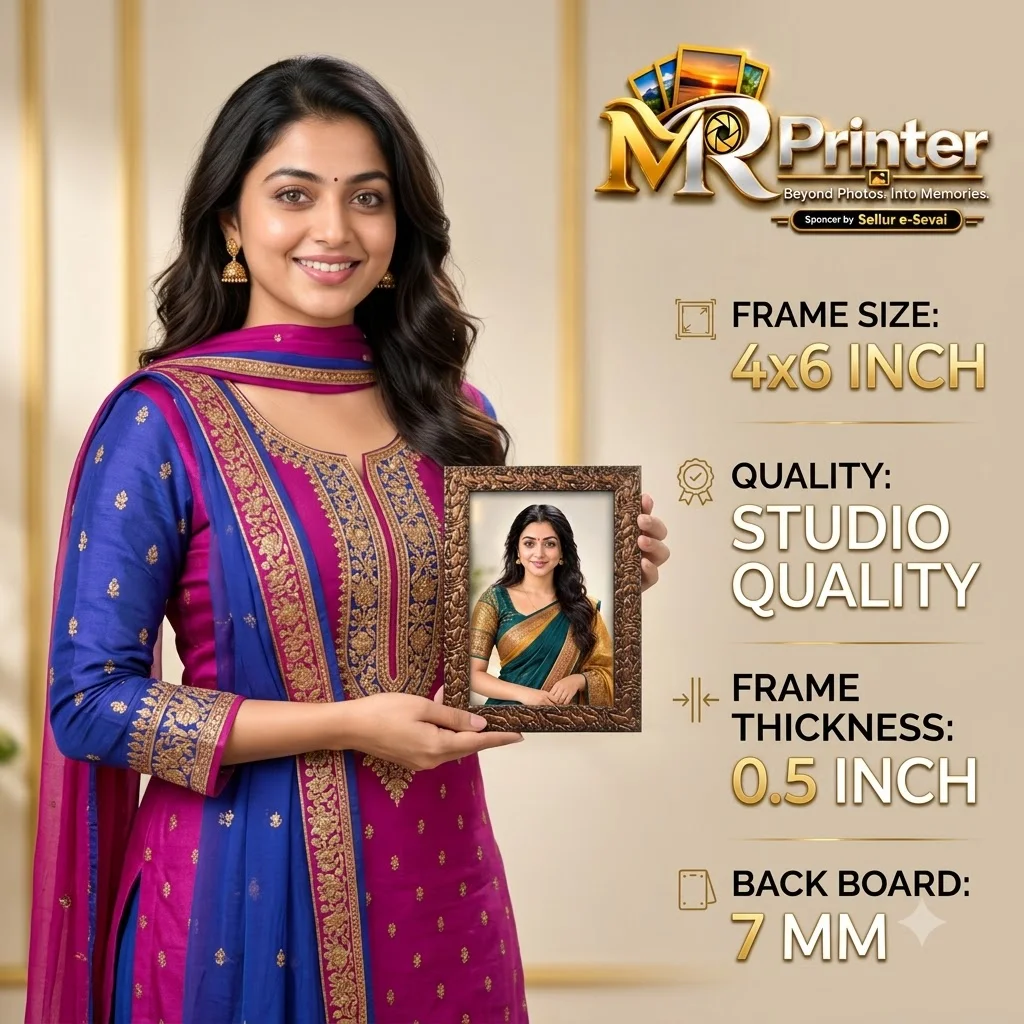 The model holding multiple photo frames, alongside four English buying steps: Click to Buy, Attach Your Photo, Fill in Your Address and Make Payment.