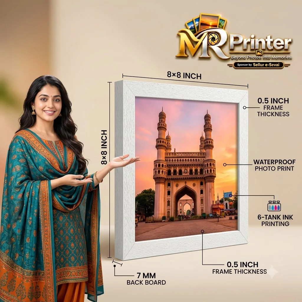 The campaign model holds multiple 8×8 inch photo frames and presents four ordering steps: Click to Buy, Attach Your Photo, Fill in Your Address and Make Payment