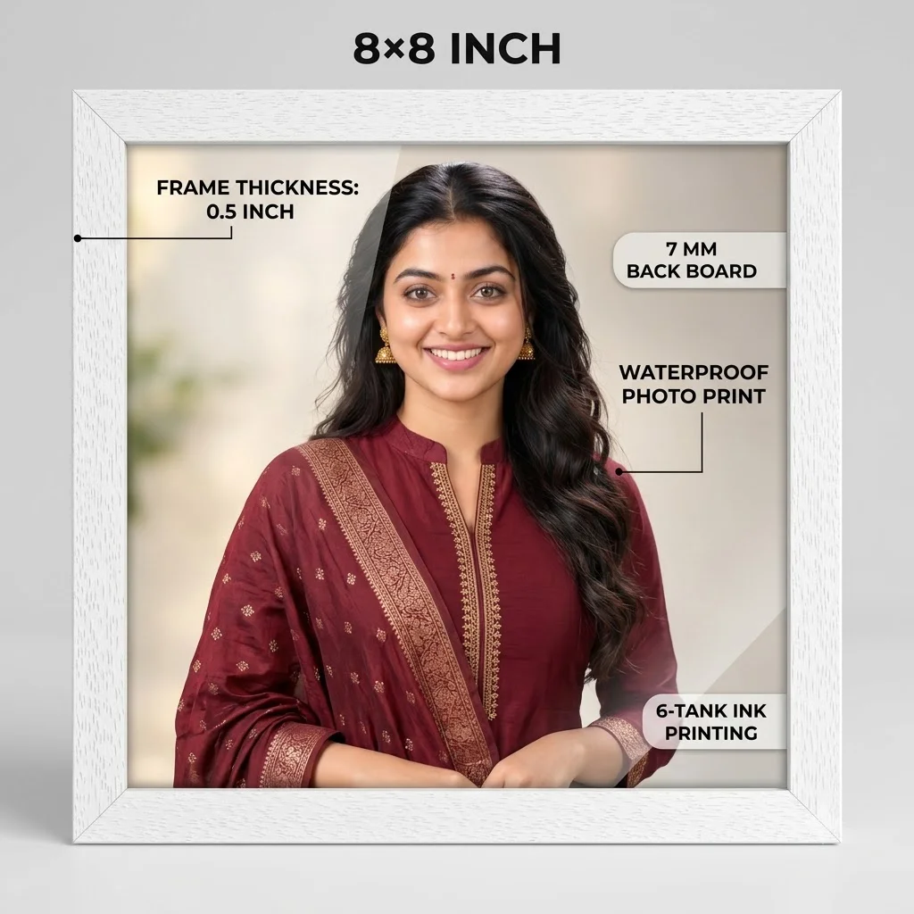 An AI-generated portrait of the campaign model wearing a modest chudi outfit inside the 8×8 inch photo frame. Shows the 0.5-inch frame thickness, 7 mm back boar