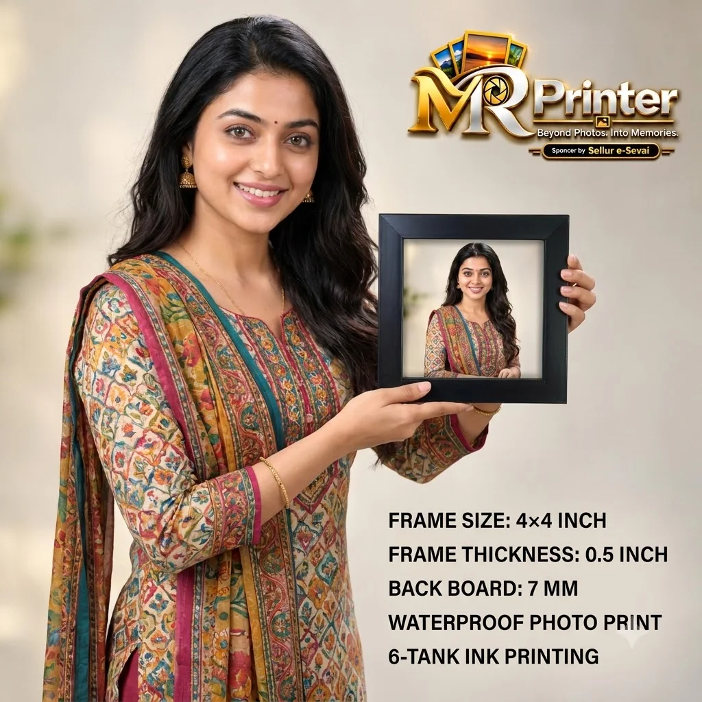 Product specification showcase featuring the 4×4 inch frame, 0.5 inch frame thickness, 7 MM back board, waterproof photo print and 6-tank ink printing.