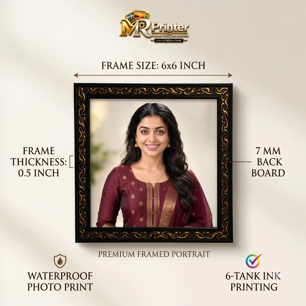 The reference model holding multiple 6×6 inch photo frames, with four English buying steps: Click to Buy, Attach Your Photo, Fill in Your Address and Make Payme
