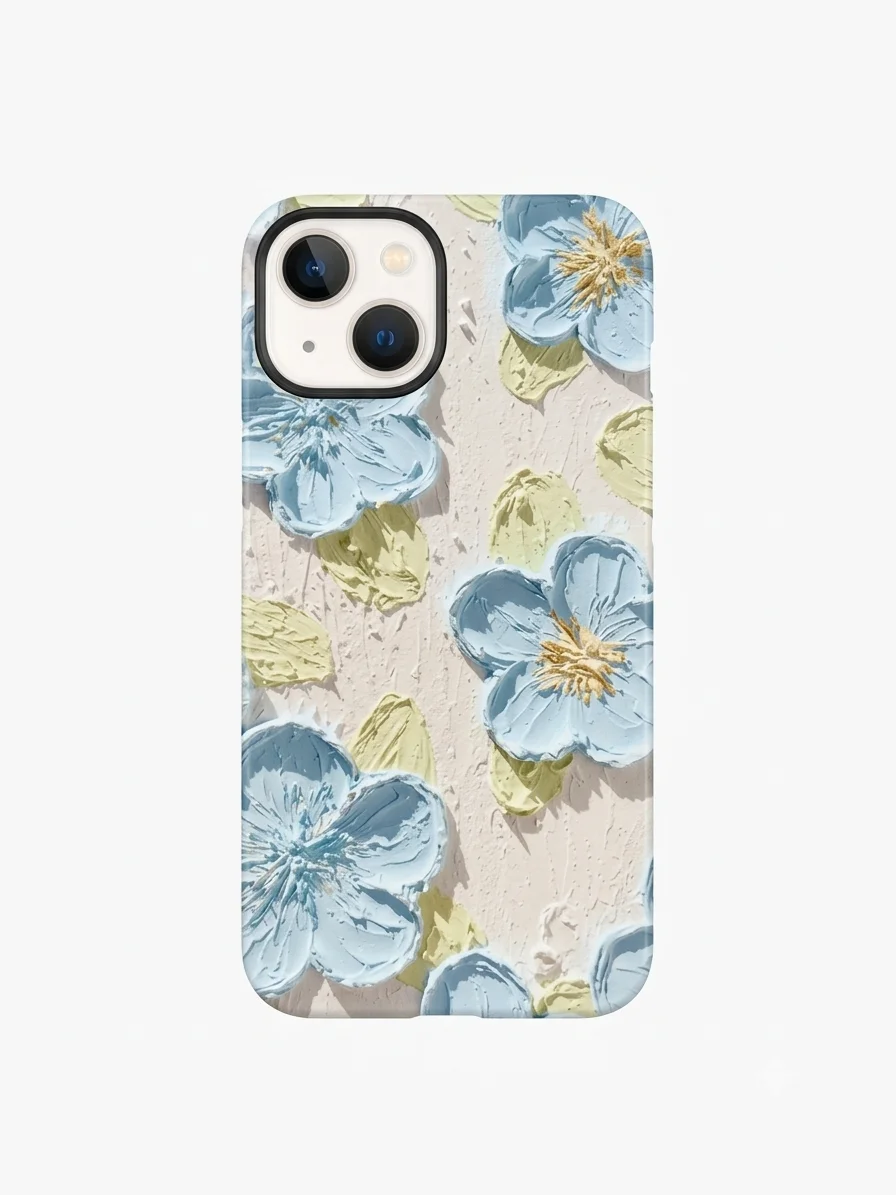 Textured Oil Painting Blue Floral iPhone 13/14 Case – Dual-Layer Aesthetic