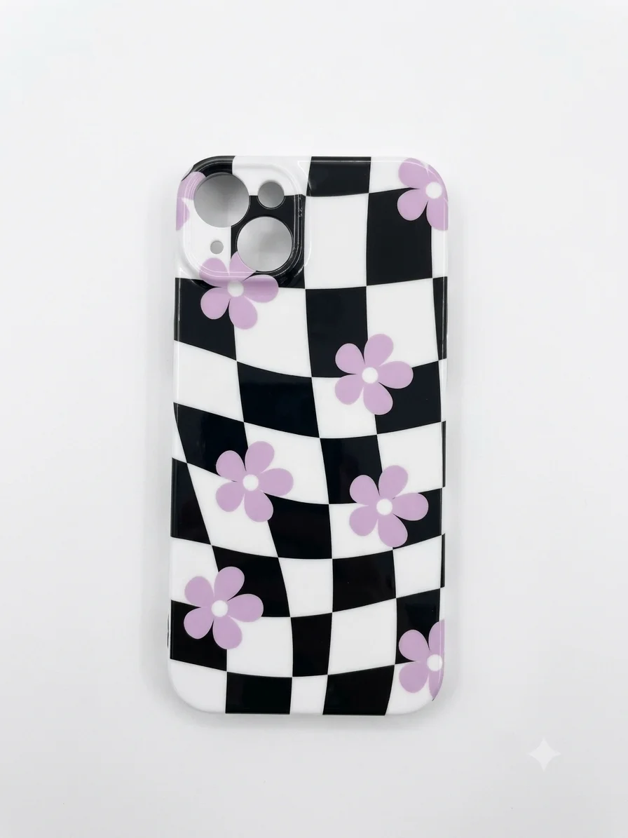 Retro Checkerboard Lavender Floral iPhone 14 Plus Case – Black & White Grid