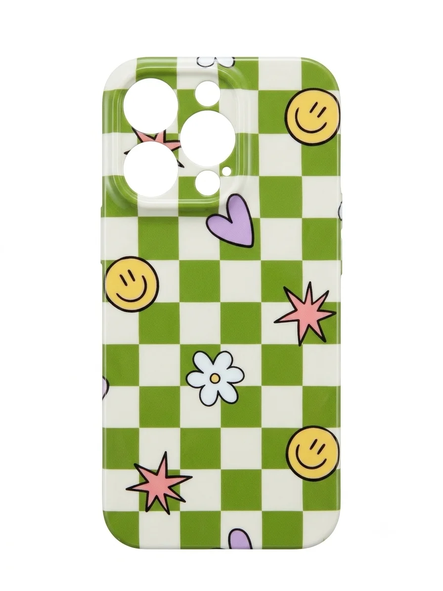 Retro Green Checkerboard & Y2K Doodles iPhone 14 pro single layer cases