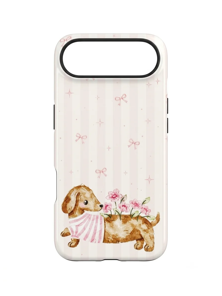 Coquette Floral Dachshund iPhone 17 Air Case – Ribbon Bows & Pink Stripes