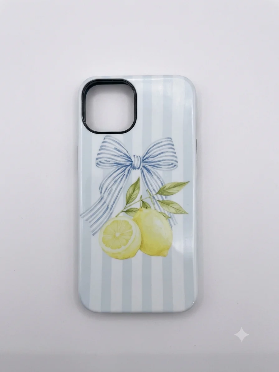 Coquette Lemon & Blue Striped Bow iPhone 13/14 Case – Mediterranean Aesthetic
