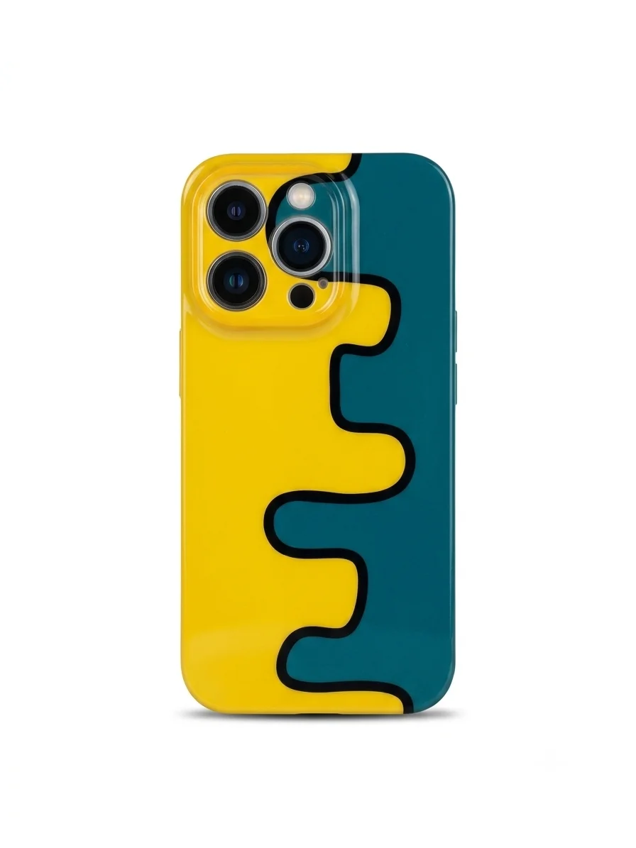Retro Wavy Split Abstract iPhone 14 Pro Case – Vibrant Yellow & Teal