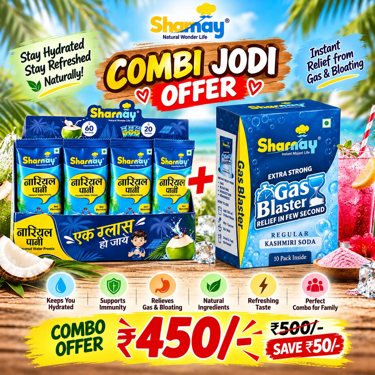 SHARNAY Combi Jodi Offer | Tender Coconut Water Powder Mix + Gas Blaster Kashmiri Soda Premix