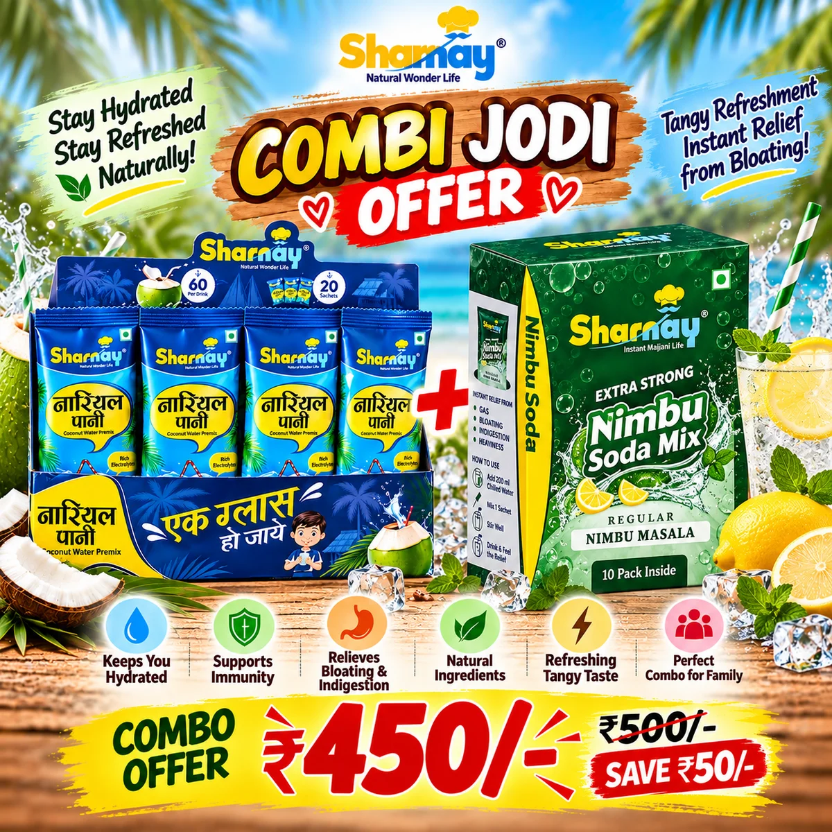 SHARNAY Combi Jodi Offer | Tender Coconut Water Powder Mix + Gas Blaster Nimbu Soda Premix