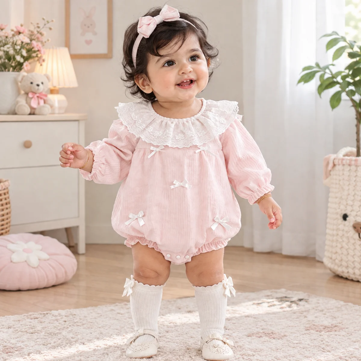 Gingham Lace Bib Baby Romper Set