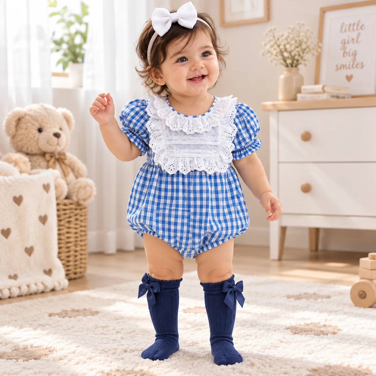 Gingham Lace Bib Baby Romper Set