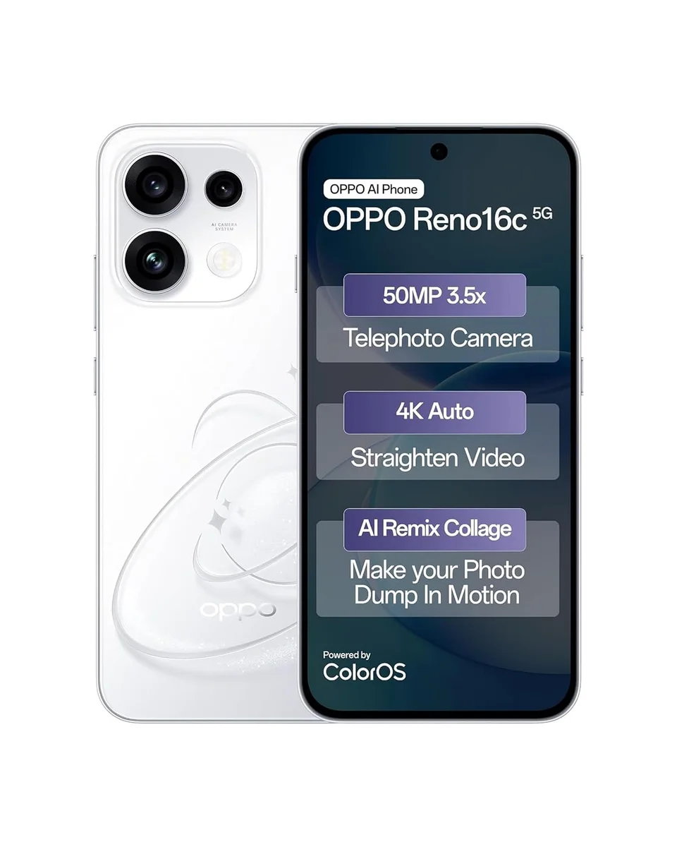 OPPO Reno16c 5G| 3D Design | 50MP 3.5X Telephoto Camera | 4K Video | AI Remix Collage | 7000mAh 80W SUPERVOOC | ColorOS 16 | IP69K | Dimensity 7300，Starry White：8GB +128 GB