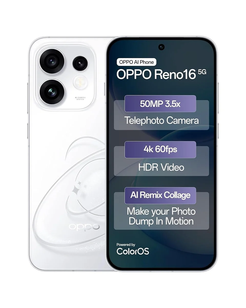 OPPO Reno16 5G, (8GB+256GB, Starry White) 50MP 3.5X Telephoto Camera | 4K 60fps HDR Video | AI Remix Collage | Snapdragon 7 Gen 4 | 6700mAh 80W SUPERVOOC | ColorOS 16 | IP69K