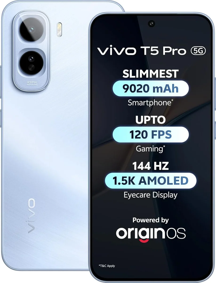 vivo T5 Pro 5G (Glacier Blue, 8GB RAM, 128GB Storage) | 50MP Camera | 6.83" FHD+ AMOLED Display | Snapdragon 7s Gen 4 | 9020mAh Battery