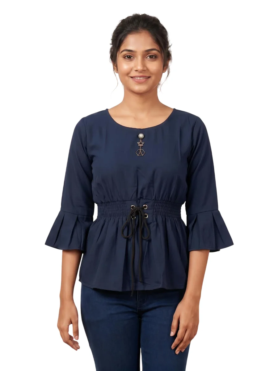 Women's Navy Blue Peplum Top with Bell Sleeves and Corset Waist (Copy) (Copy) (Copy)