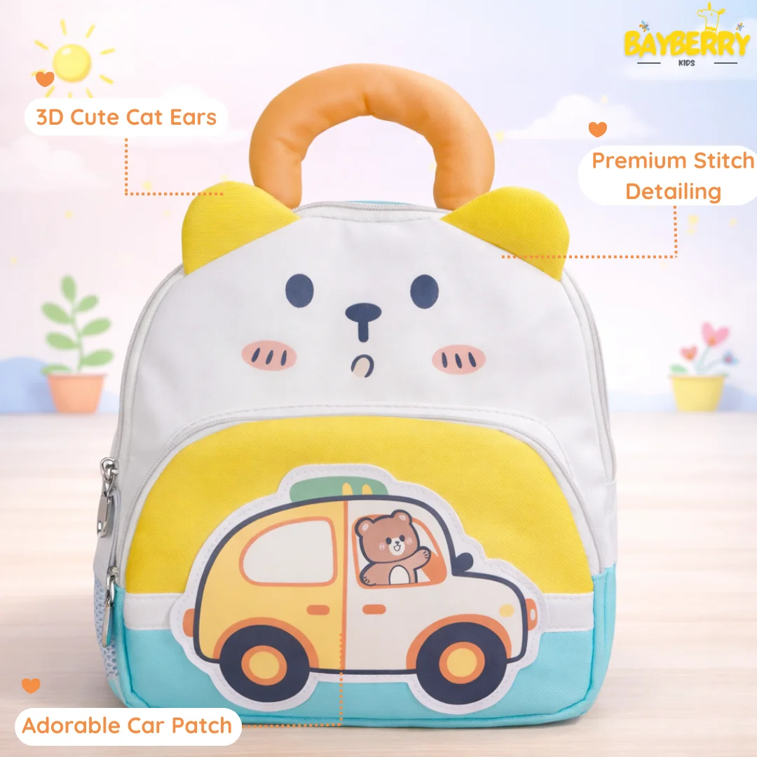 Cute Cat & Bear Car Printed School Backpack for Boys.