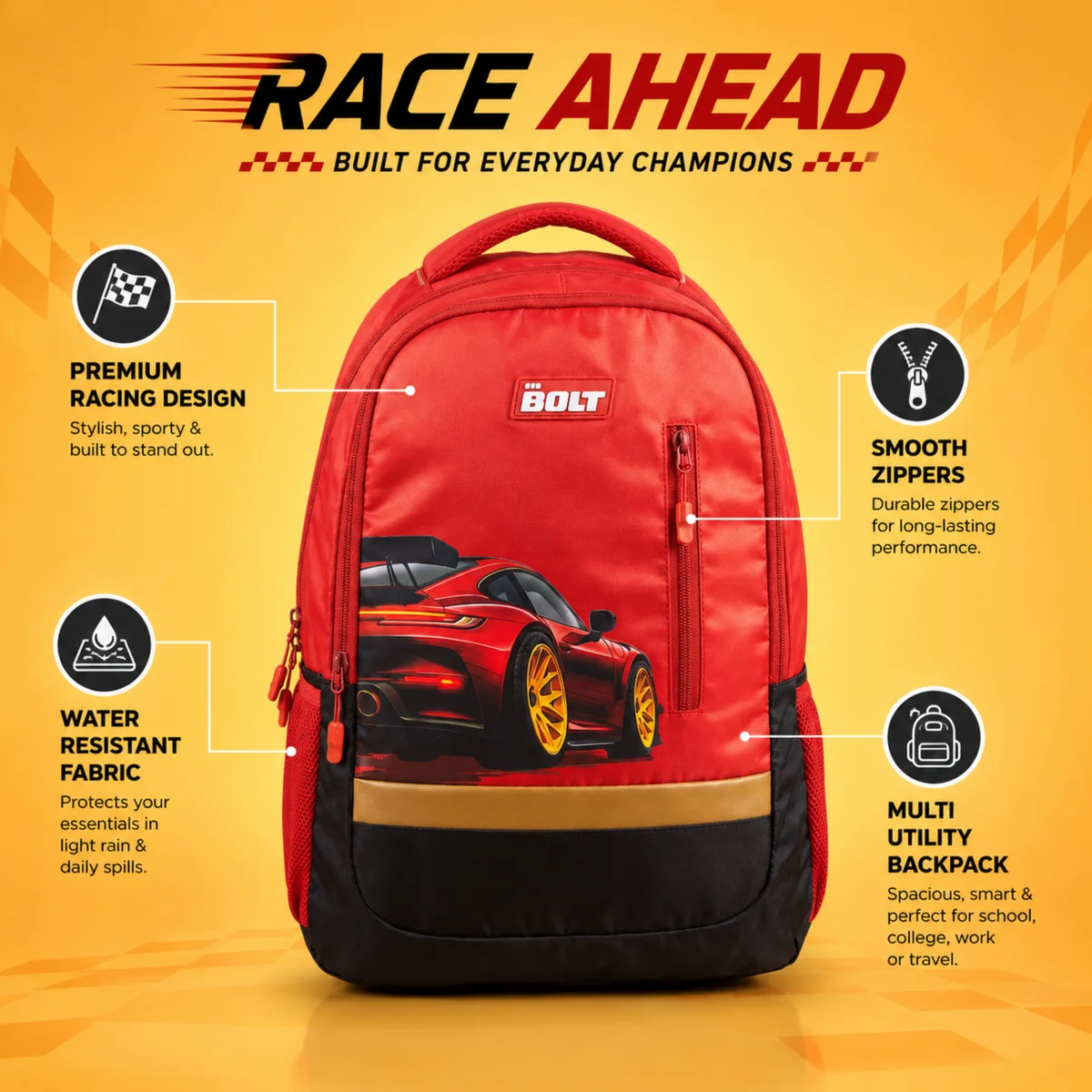 BOLT 19 Inch Racing Car Backpack | Laptop Compatible School, College & Travel Bag - Red.