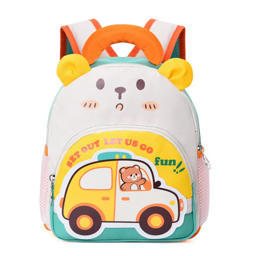 Cute Cat & Bear Car Printed School Backpack for Boys.