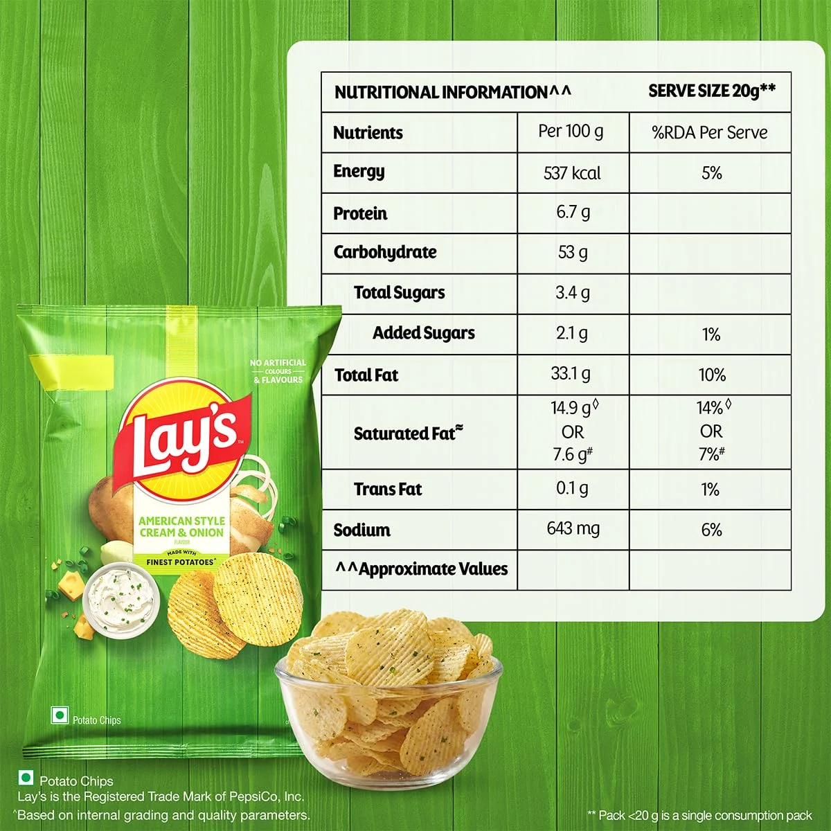 Lay's अमेरिकन स्टाइल पोटैटो चिप्स - क्रीम और प्याज, 52g 8